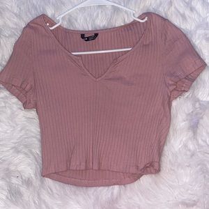 pink notched neckline ribbed knit slim tee